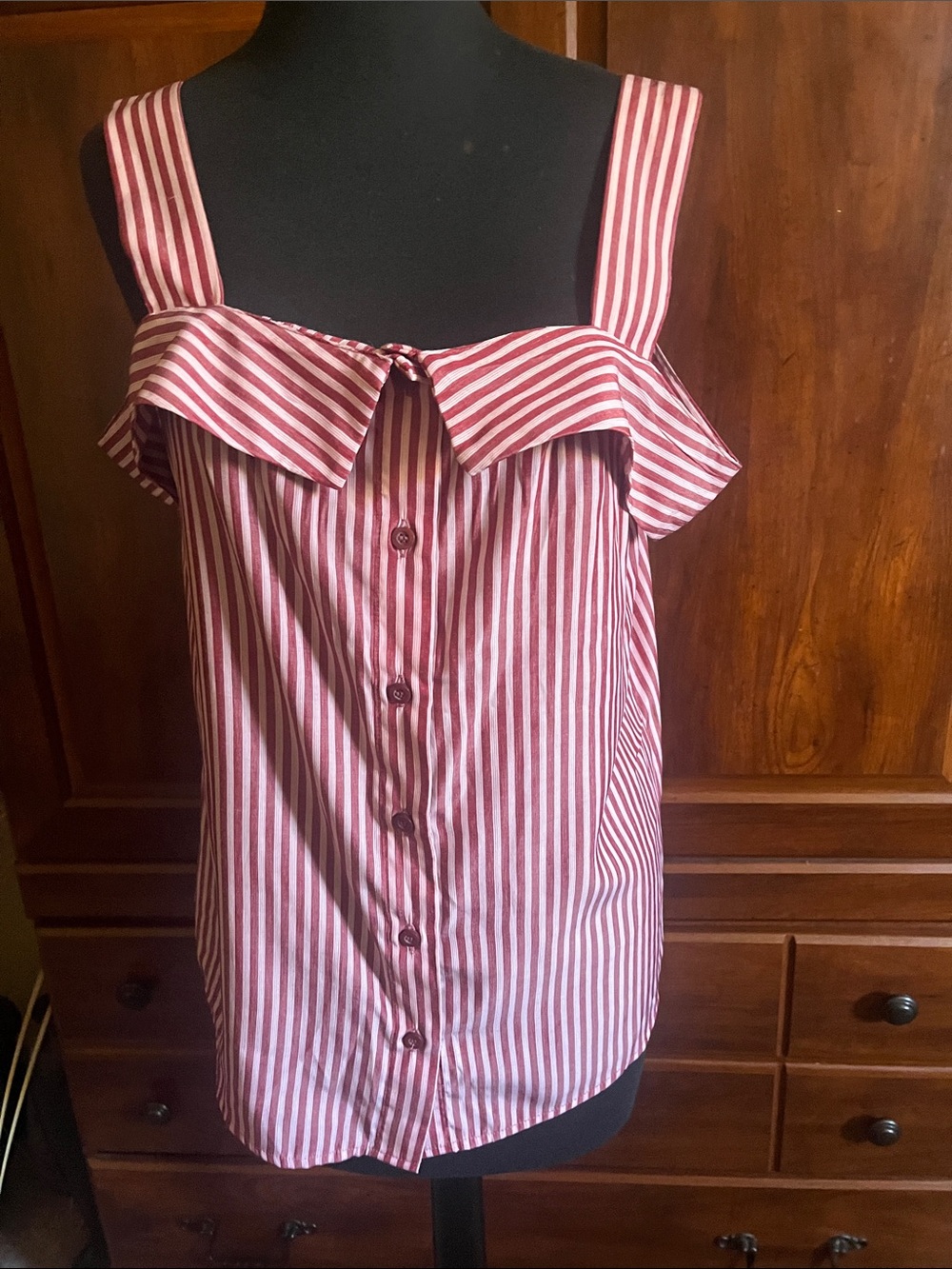 New York & Company Red and White Striped Ruffled Button Tank